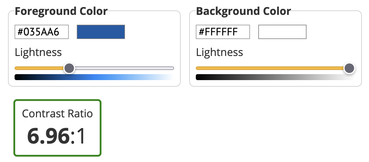 A foreground color blue with hex code \#035AA6 has a contrast ratio of 6.96:1 against a white background. It passes AA guidelines