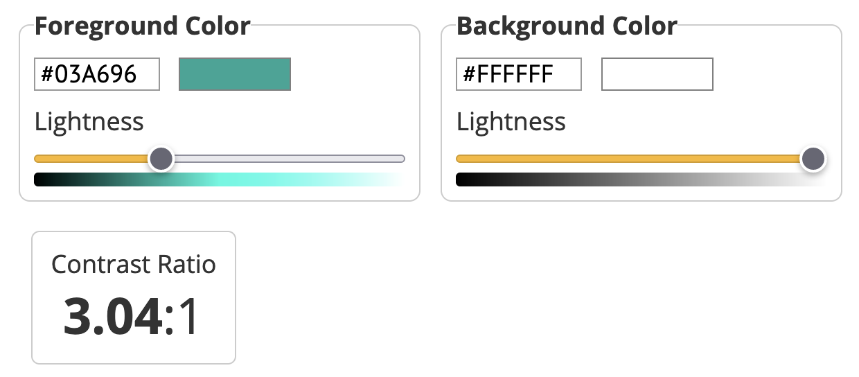 A foreground color green with hex code \#03A696 has a contrast ratio of 3.04:1 against a white background. It fails AA guidelines