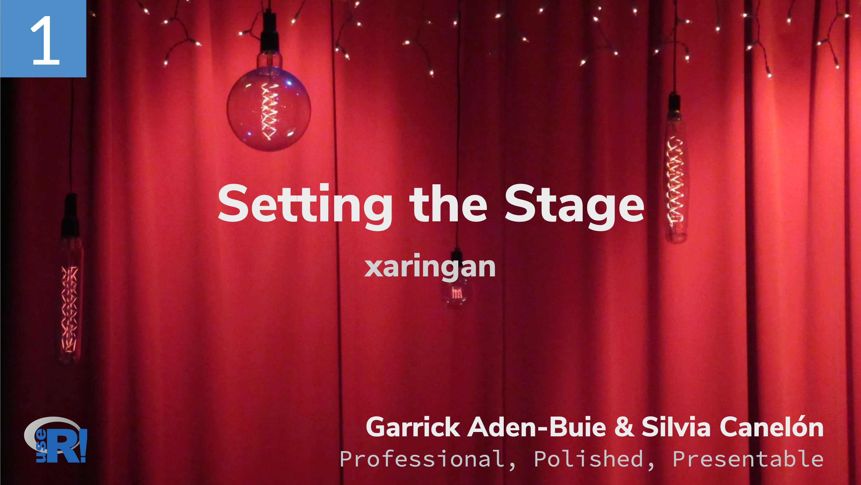 Title slide with styling including a background image, cutom fonts, and content placement