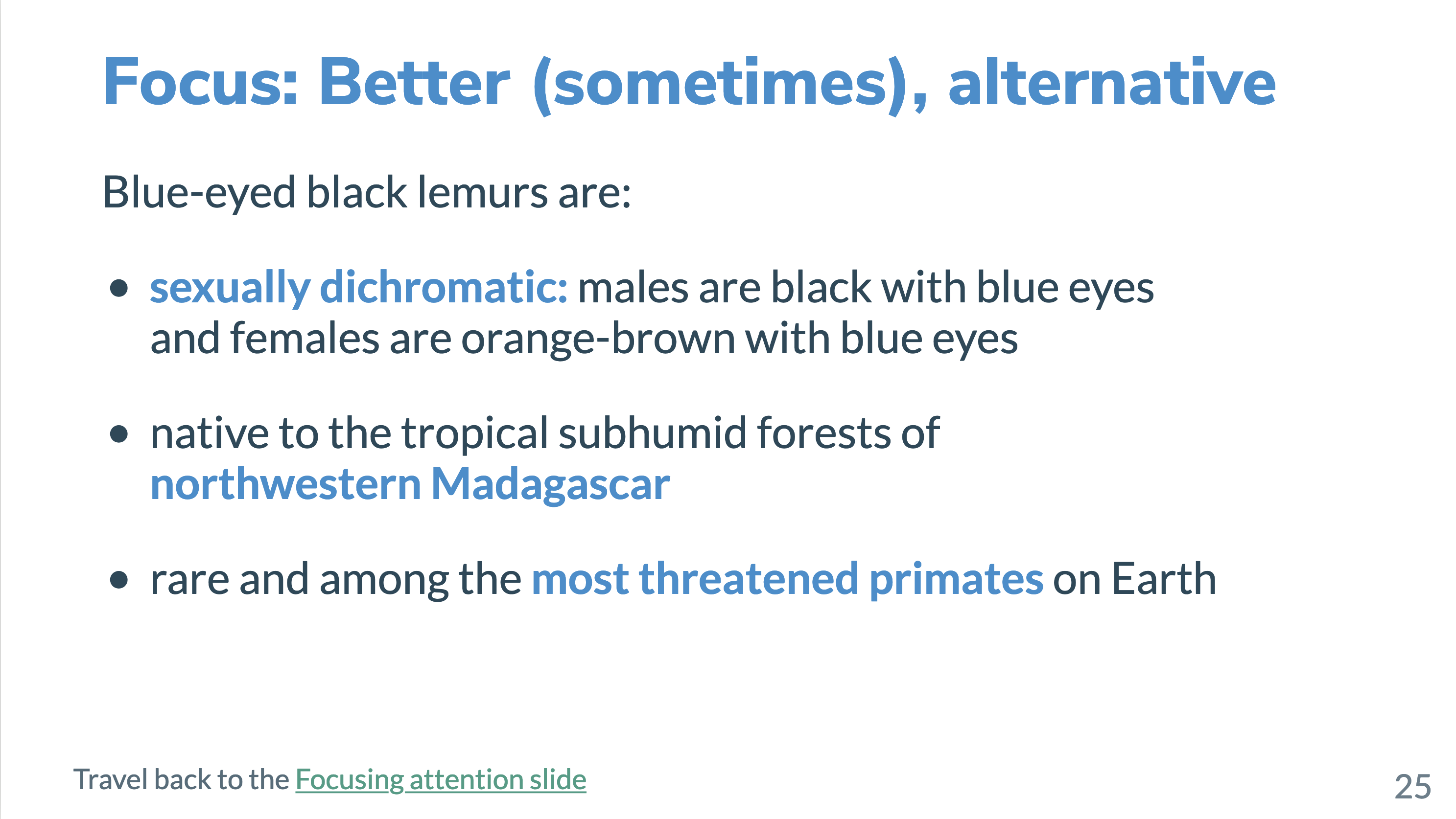The large bullet points that incrementally reveal remain but now have select words highlighted for emphasis with a bold blue font face.