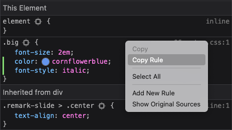 Right click menu on CSS rule in Firefox Developer tools